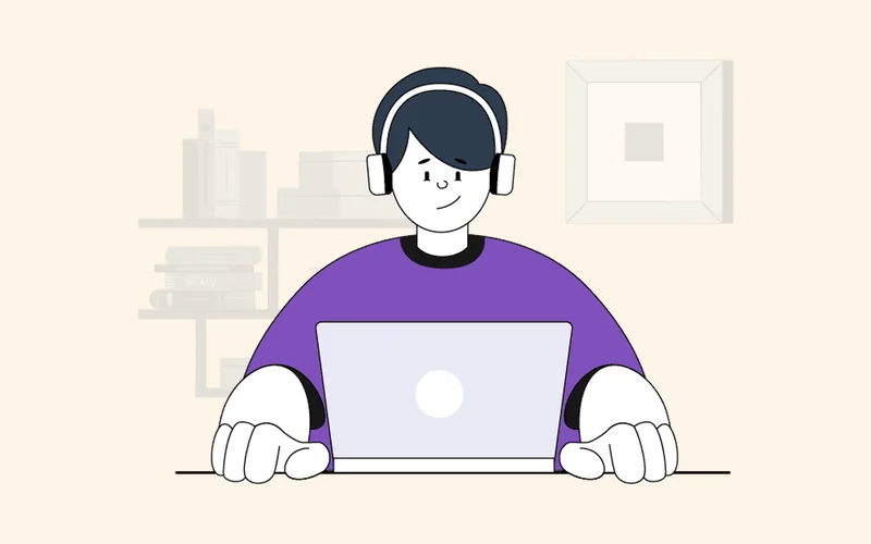 Illustration d'un professionnel indépendant au travail sur son ordinateur, casque sur les oreilles.