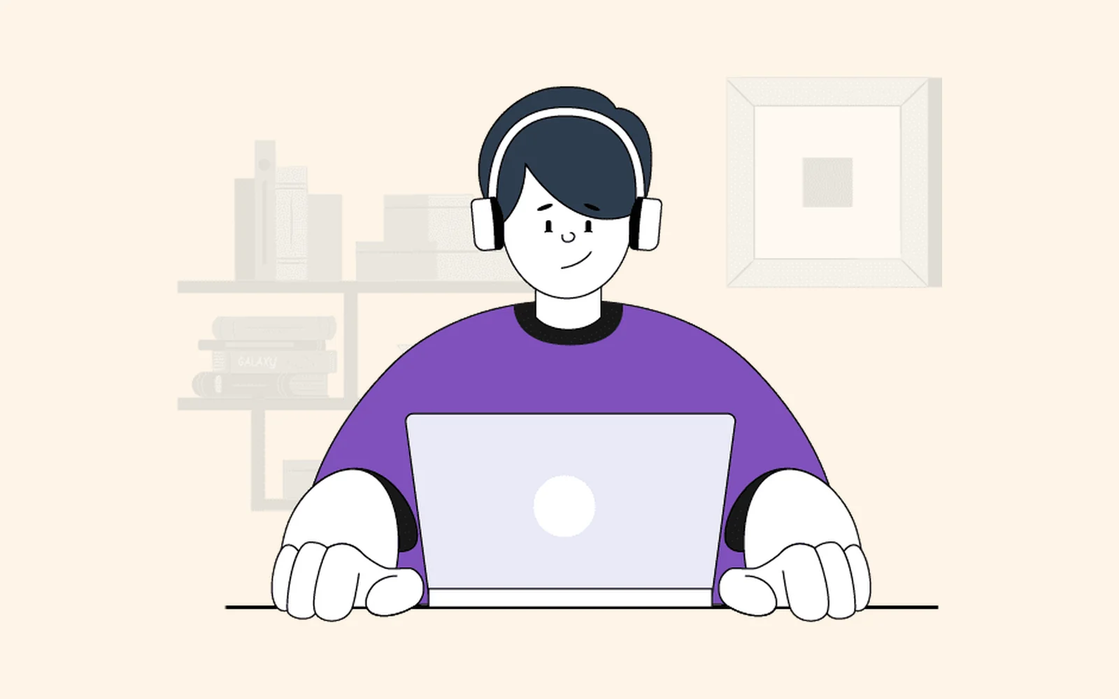 Illustration d'un professionnel indépendant au travail sur son ordinateur, casque sur les oreilles.