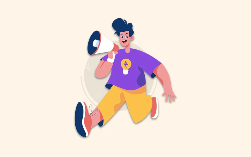 Illustration d'une personne qui annonce un lancement au mégaphone, une ampoule sur son t-shirt.