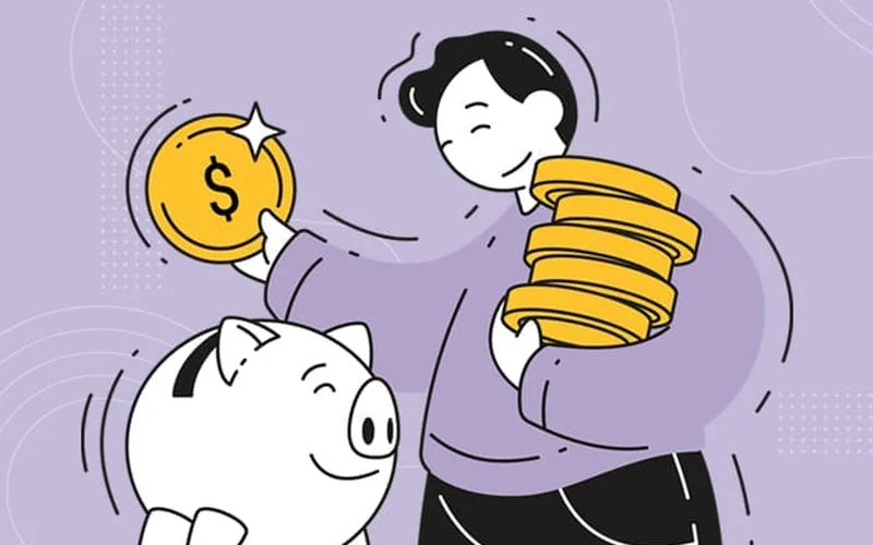 Illustration d'une personne qui épargne des pièces dans une tirelire, pour parler budget.