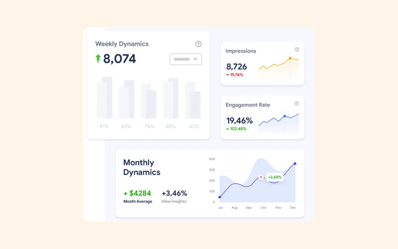 Illustration d'un tableau de bord de statistiques : visites, impressions, taux d'engagement et évolution mensuelle.